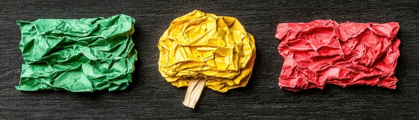 Crumpled green, yellow, and red paper balls arranged on a dark wooden background