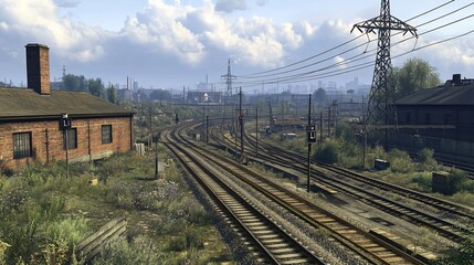 Obraz premium Abandoned train tracks lead through overgrown industrial area under cloudy sky