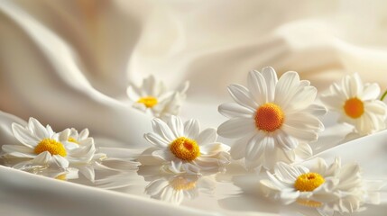 Obraz premium Soft white silk fabric with delicate daisies
