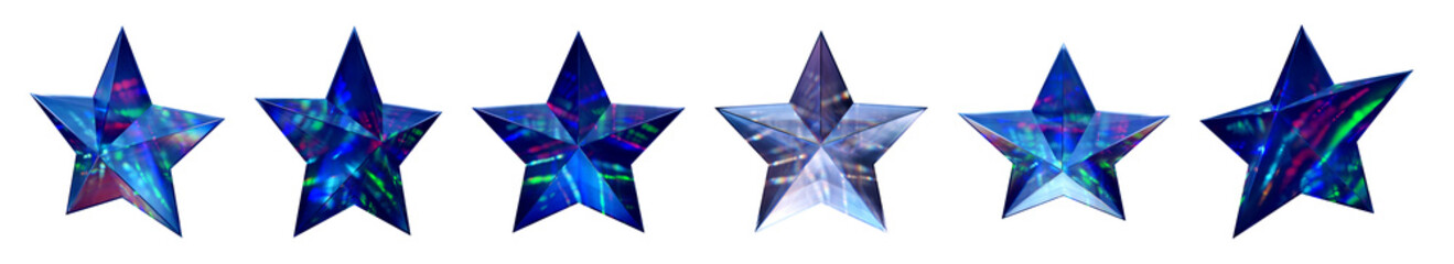 Set of 3d transparent glossy stars with dispersion effect. Rainbow colors reflection glass. 3d glass stars  box with crystal dispersion effect. Abstract empty glassy square with prism holographic	