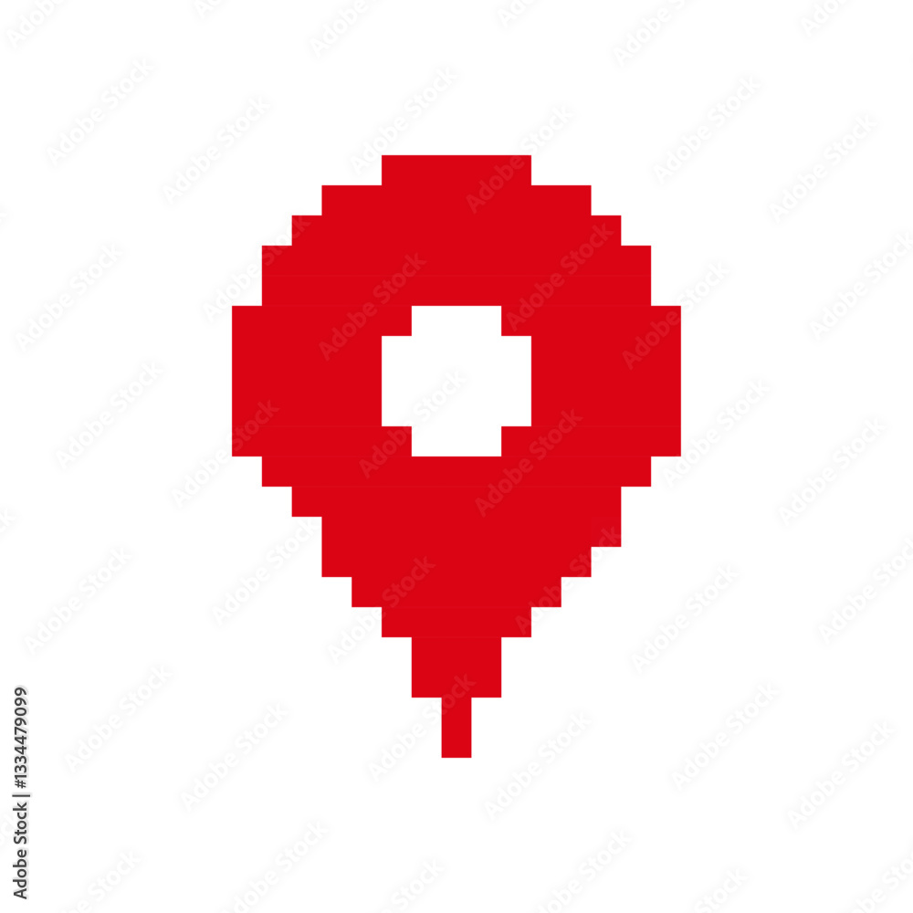 Poster red pixelated balloon design with a distinct white square in its center, resembling retro game art.