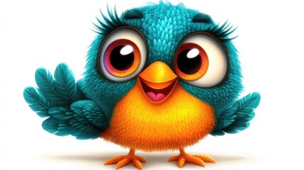 Fototapeta premium Cute cartoon bird waving against white background. Potential use Children's book illustration, greeting card design