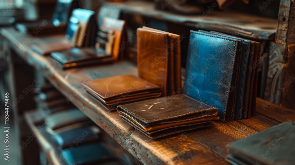 Poster high-quality leather wallets arranged on clean wooden counter in modern minimalist setting with shar