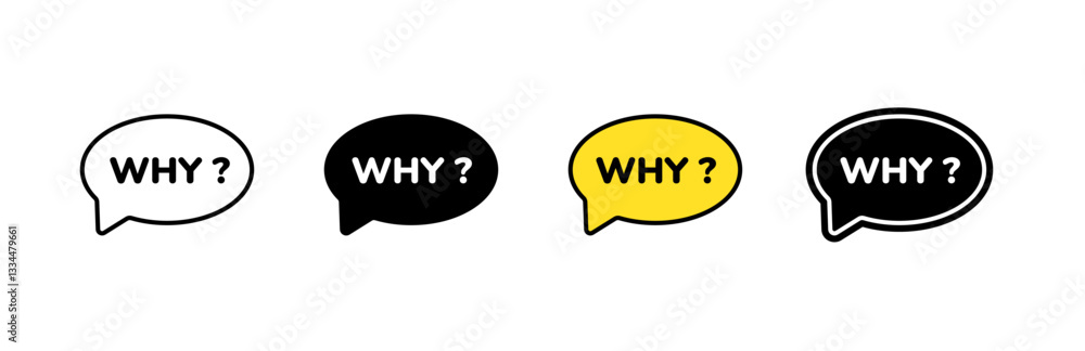 Aufkleber four speech bubbles with the word why in varying colors and styles emphasize curiosity.