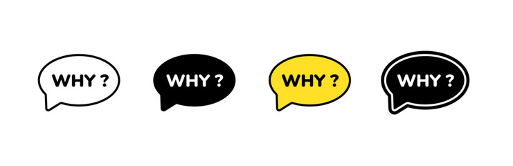 Four speech bubbles with the word why in varying colors and styles emphasize curiosity.