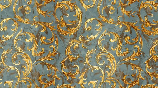 Seamless looping video pattern of golden baroque swirls on a textured blue background.