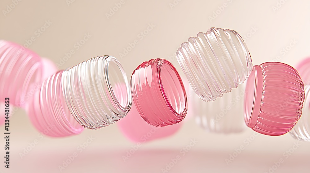 Poster translucent pink and clear circular objects playful arrangement on soft background elegant still lif