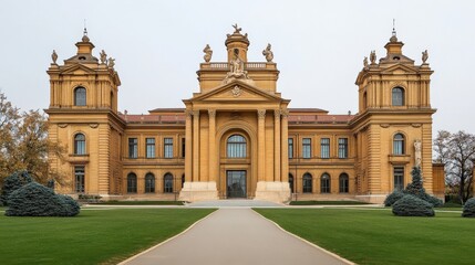 Beautiful Historic Building with Grand Architecture Surrounded by Lush Green Gardens and Trees