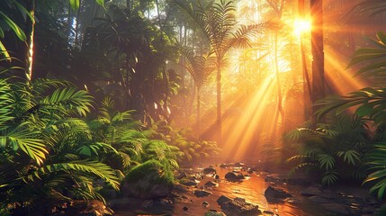 Enchanted Forest Sunrise with Tyndall Effect - Natural Light Visualization for Wellness Content