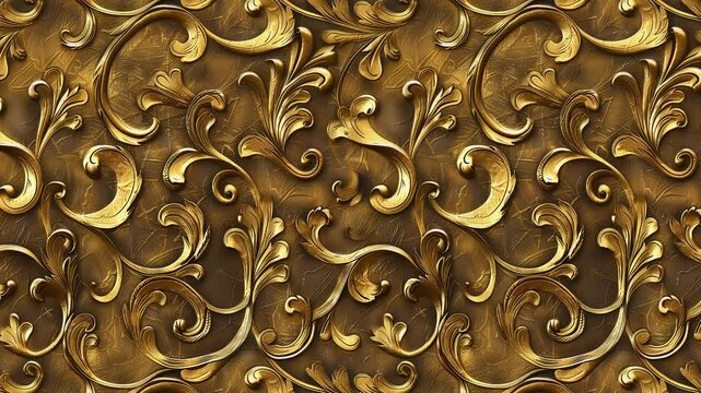 Seamless looping video pattern of dark golden filigree ornament with embossed details.