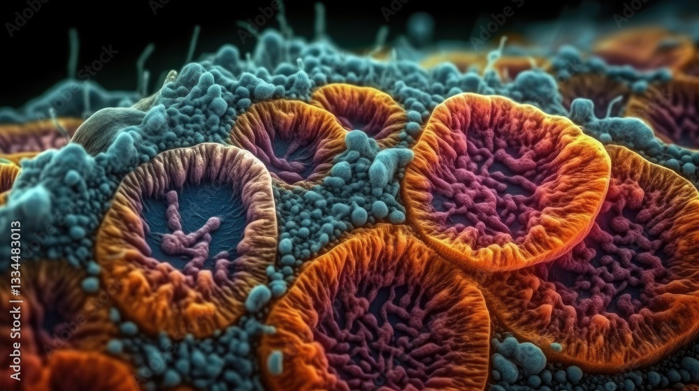 Poster highly detailed electron microscope view of epithelial cells with vivid colors and clean lines