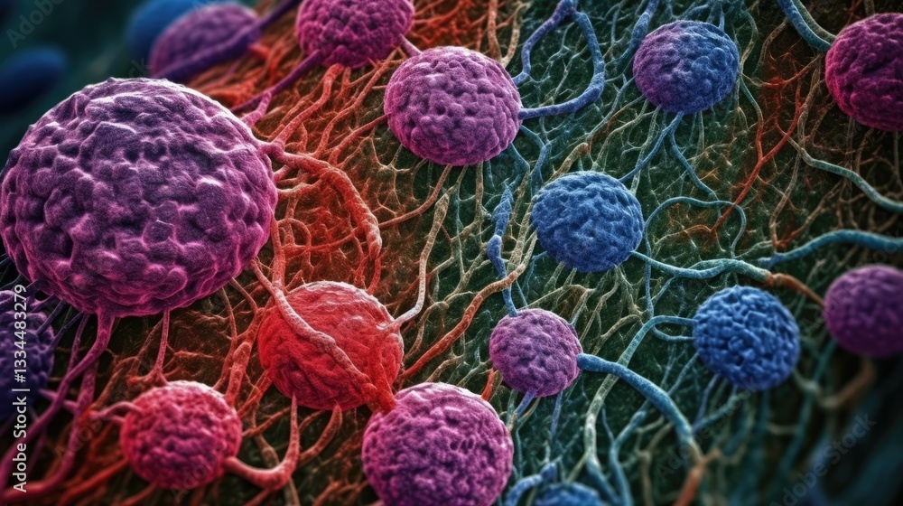 Poster highly detailed electron microscope view of integumentary system cells in vivid color
