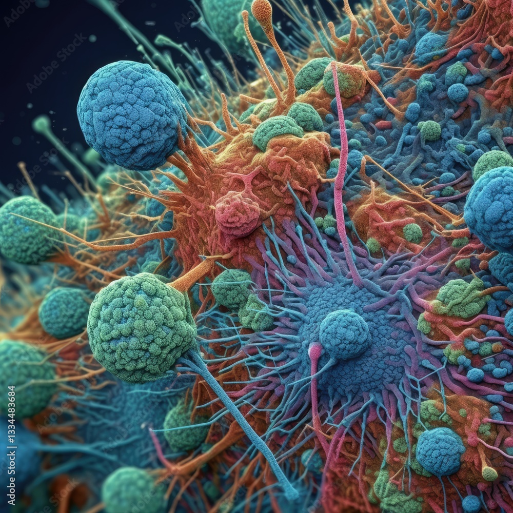Poster highly detailed electron microscope view of viruses with vivid colors and clean lines