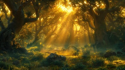 Enchanted Forest Sunrise with Tyndall Effect - Natural Light Visualization for Wellness Content