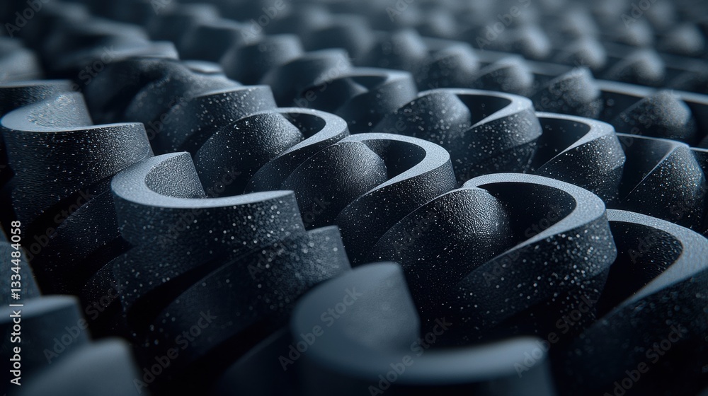Poster a close-up view of a complex, three-dimensional structure composed of interconnected, curved, and te