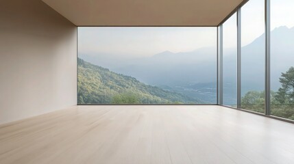 Obraz premium Modern minimalist interior, empty room, floor-to-ceiling windows, panoramic mountain view, misty landscape, neutral tones, polished concrete floor, clean lines, open space, natural light