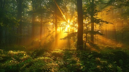 Enchanted Forest Sunrise with Tyndall Effect - Natural Light Visualization for Wellness Content