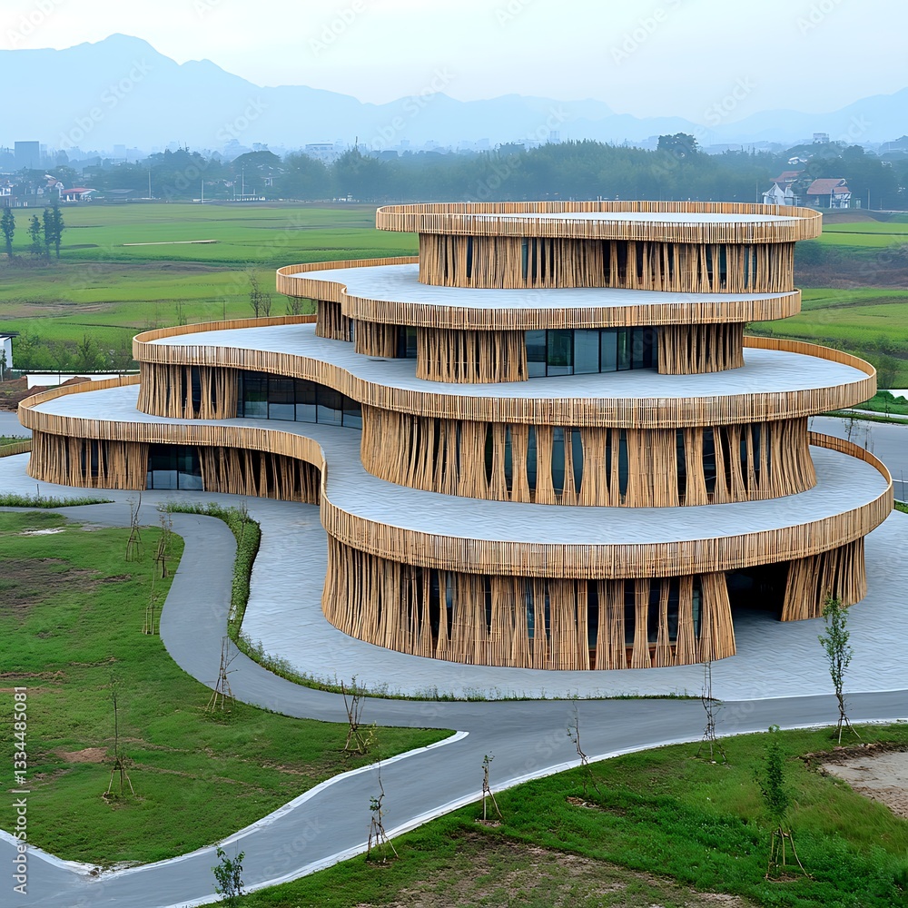 Poster Unique Tiered Building with Wooden Vertical Elements and Greenery Surrounding Architecture Design
