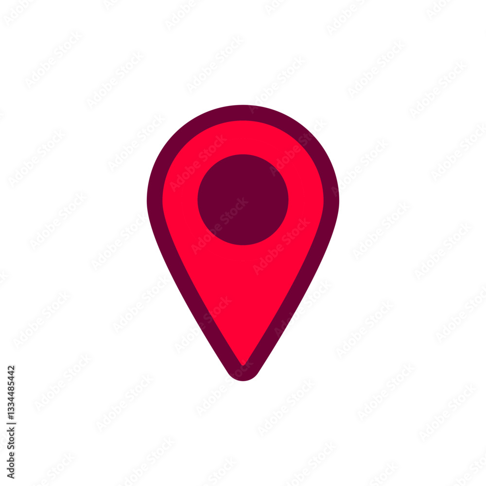 Poster bright red location pin icon symbolizing travel and navigation for online maps and applications.