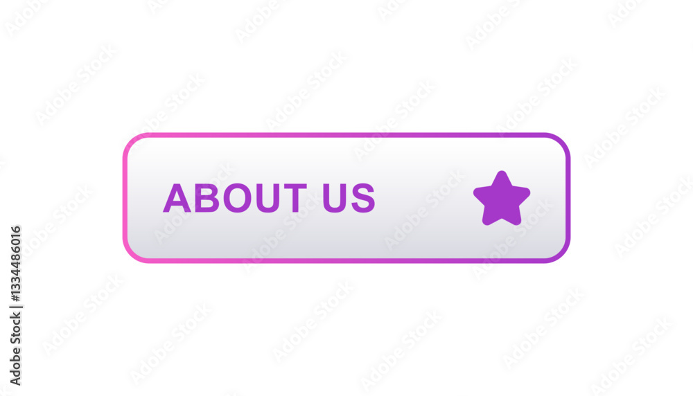 Poster rectangular button with purple border and star icon, ideal for about us section on websites or apps.