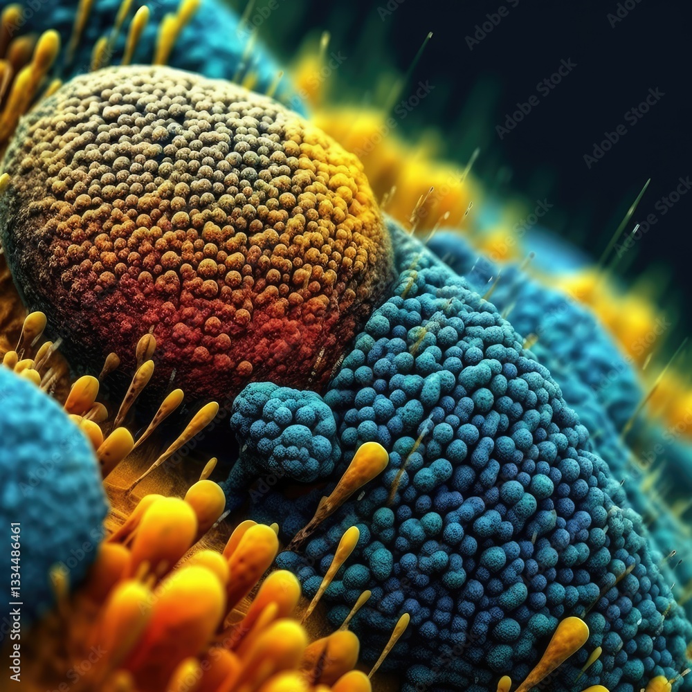 Poster highly detailed microscopic view of pollen with vivid colors and intricate textures in high resoluti