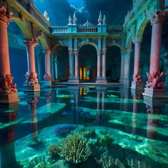 Surreal Underwater Palace Glowing with Bioluminescent Algae and Vibrant Coral Sculptures