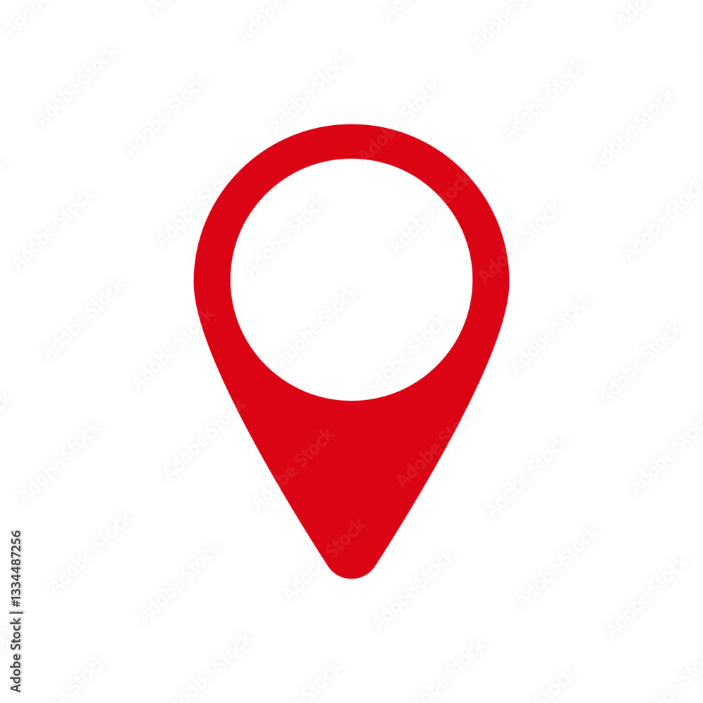 Poster minimalistic red location marker icon used in maps and gps tools to indicate specific locations.