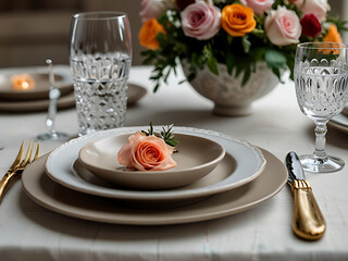 Beautiful table setting with crockery and flowers for a party, wedding reception or other festive event
