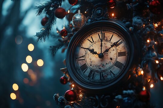 Vintage Clock Decorated for Festive Season Time Stands Still in Holiday Magic - Powered by Adobe