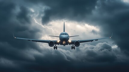 An airplane descends through dark, stormy clouds, creating a dramatic and atmospheric scene of flight and weather.
