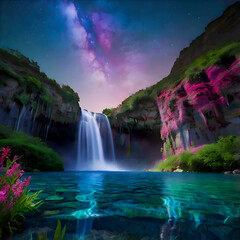 Surreal Waterfall Glowing with Multicolored Light Cascading into a Crystal-Clear Pool
