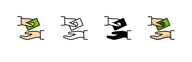 Set of icons shows hand holding a banknote depicted in different styles and colors side by side.