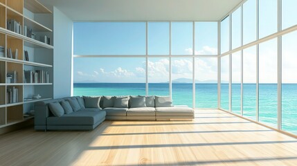 Luxurious oceanfront living room, floor-to-ceiling windows, panoramic sea view, minimalist interior design, modern blue sofa, wooden floor, built-in bookshelves, natural light, open concept