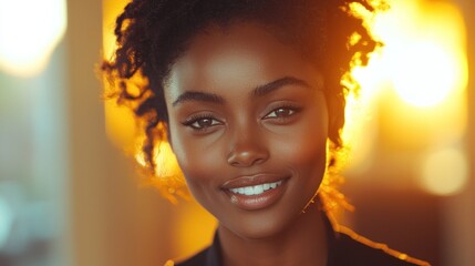 Smiling woman, city background, golden hour portrait