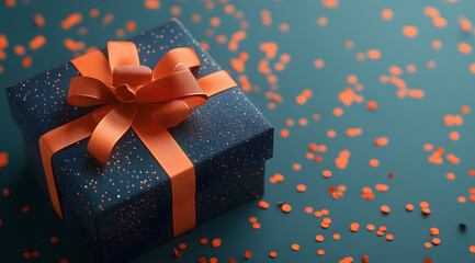 Fototapeta premium A beautifully wrapped gift sits on a teal surface, accented with orange confetti, perfect for a celebration