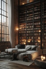 Cozy Industrial Loft Apartment with Large Bookshelf and Sectional Sofa