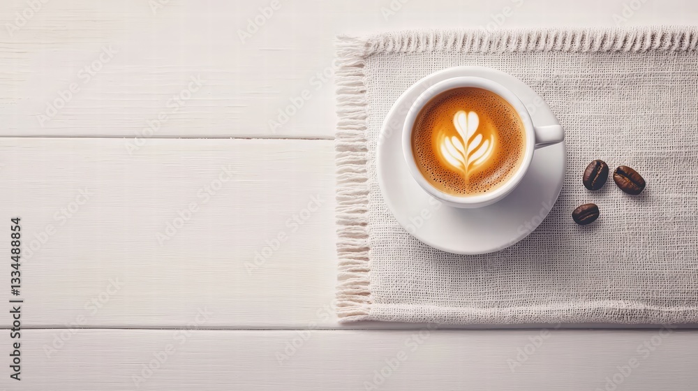 Poster a charming cup of coffee resting on a white wooden table creating a relaxing and inviting scene
