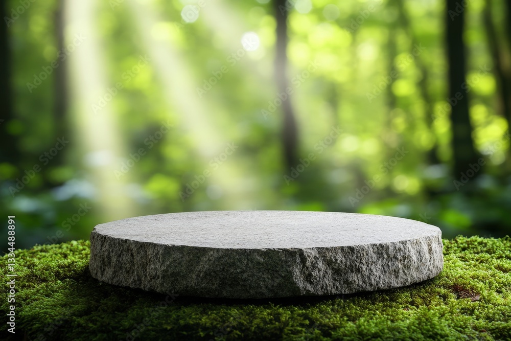 Poster a circular stone platform surrounded by lush greenery and soft sunlight, creating a serene and tranq