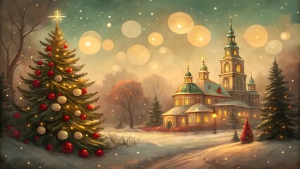 Fototapeta premium Festive christmas scene winter wonderland digital artwork snowy landscape evening glow holiday spirit