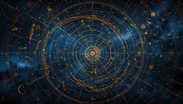 A celestial map with swirling golden constellations on a dark blue nebula, giving an elegant and mystical astrological effect.
