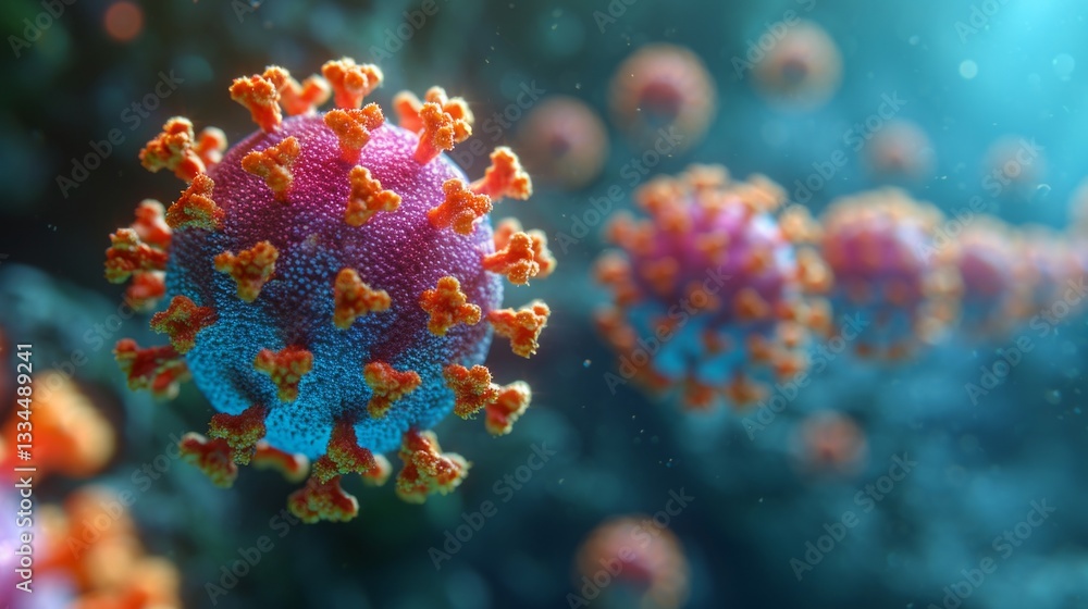 Poster highly magnified image of the measles virus under a microscope view showing detailed structure and c