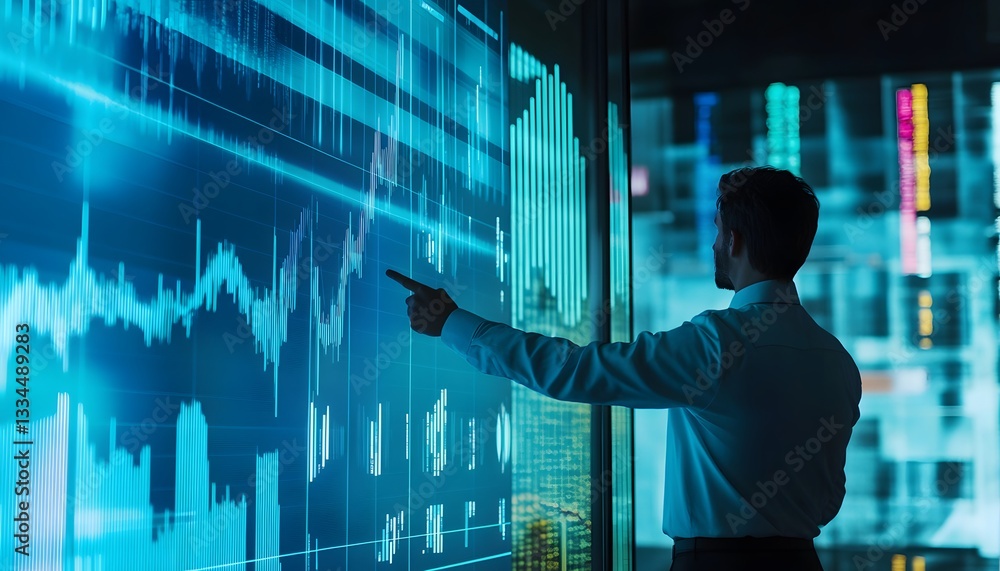 Poster a business professional analyzing data on a high-tech display, emphasizing modern technology and dat