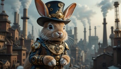 Steampunk Easter Bunny with gears and clockwork details in a Victorian city with copy space