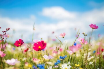 Fototapeta premium Vibrant Wildflower Field Stretches to the Horizon Under a Bright Blue Sky
