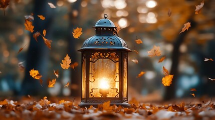 Warm Autumn Lantern Light among Falling Leaves a Cozy Seasonal Scene for Contemplation