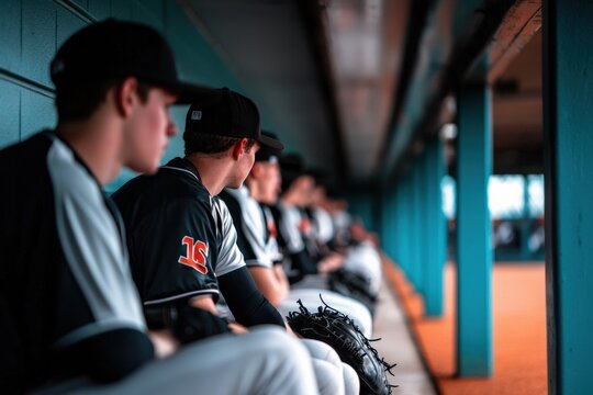 A baseball dugout filled with equipment and players preparing for their turn, - Powered by Adobe