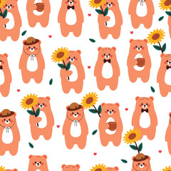 seamless pattern cute cartoon bear wearing hat with sun flower and hot drink. cute animal pattern for wallpaper, background and gift wrap paper