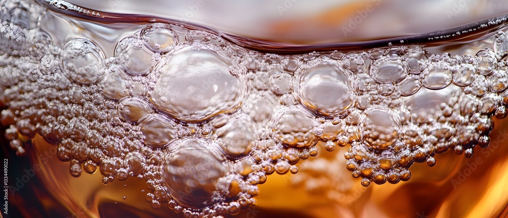 Poster a close-up image capturing the effervescent bubbles in a fizzy beverage