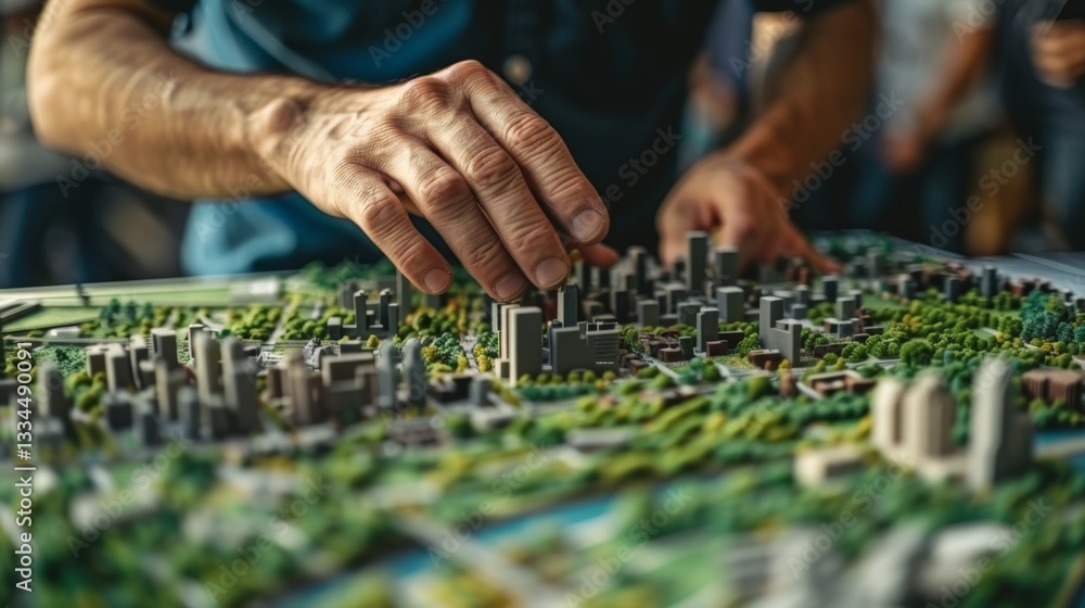 Poster close-up shot showcasing the hands of an architect meticulously adjusting a scale model of a sprawli