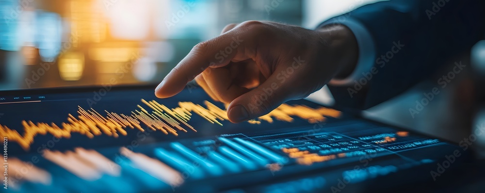 Aufkleber a close-up image of a hand interacting with a digital financial chart on a tablet, showcasing data a